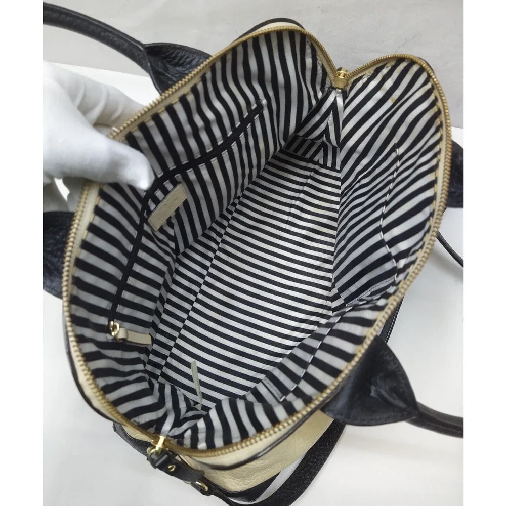 Kate Spade New York Colorblock Ivory Black Pebbled Leather Zipper Satchel Bag